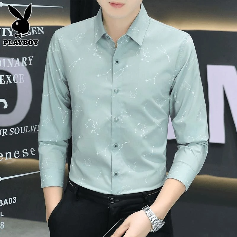 花花公子长袖衬衫男士春秋季潮流印花休闲衬衣男新款百搭修身翻领