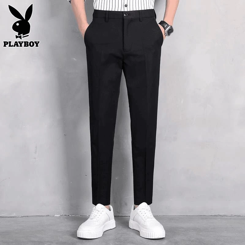 花花公子休闲裤男士春秋韩版修身小脚长裤直筒新款百搭九分西裤男
