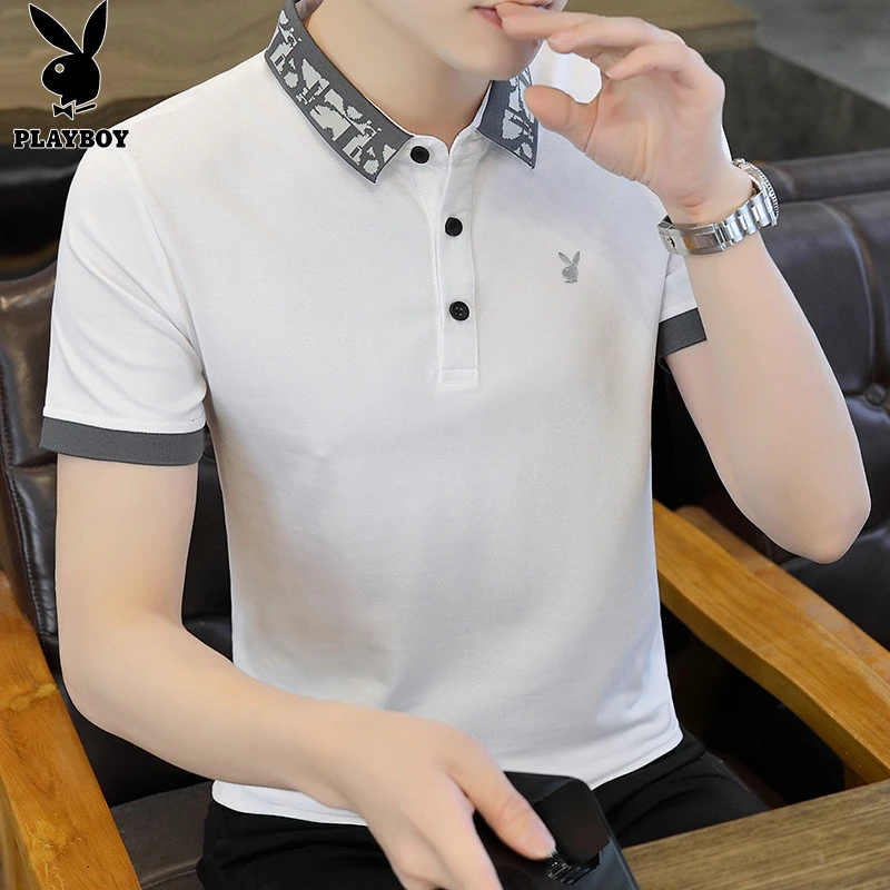 花花公子男士短袖T恤潮流休闲翻领上衣夏季凉感撞色修身POLO衫男