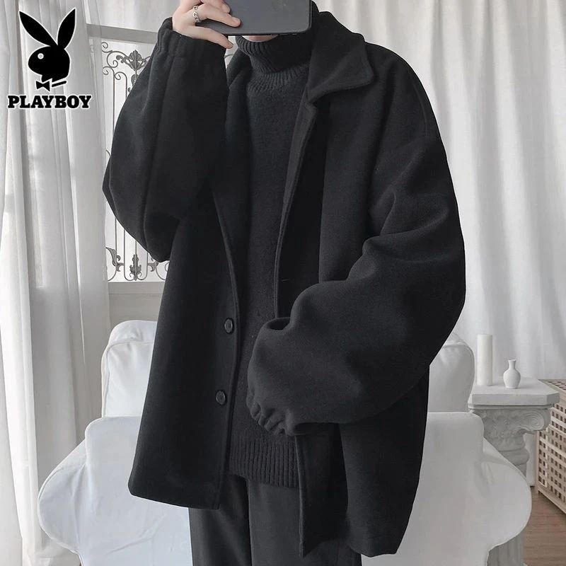 花花公子毛呢大衣男士潮流韩版中长款秋冬季新款宽松纯色翻领外套