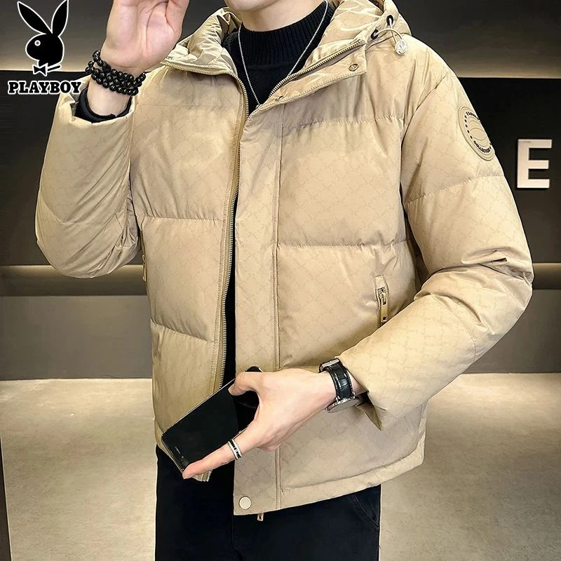 花花公子男士羽绒服冬季新款宽松纯色加厚防寒连帽休闲保暖外套男