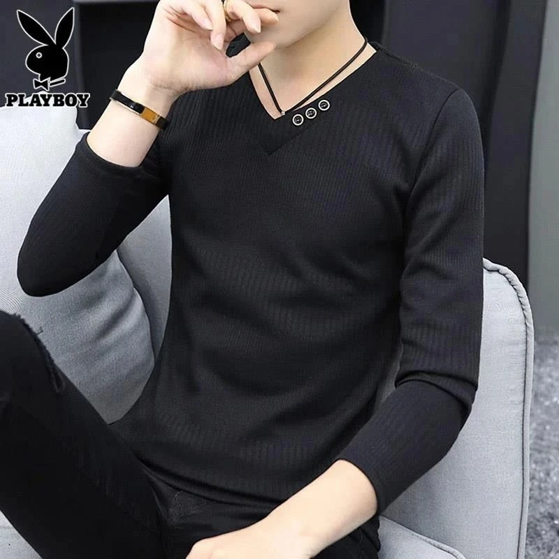 花花公子男士t恤长袖春秋季v领上衣潮流修身百搭休闲打底衫男体恤
