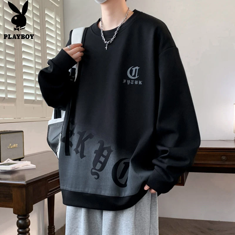 花花公子男士卫衣休闲春秋新款潮流百搭圆领套头渐变宽松上衣男装