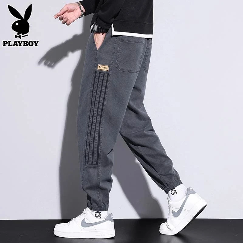 花花公子束脚休闲裤男士春秋新款潮流卫裤宽松工装条纹长裤子男裤