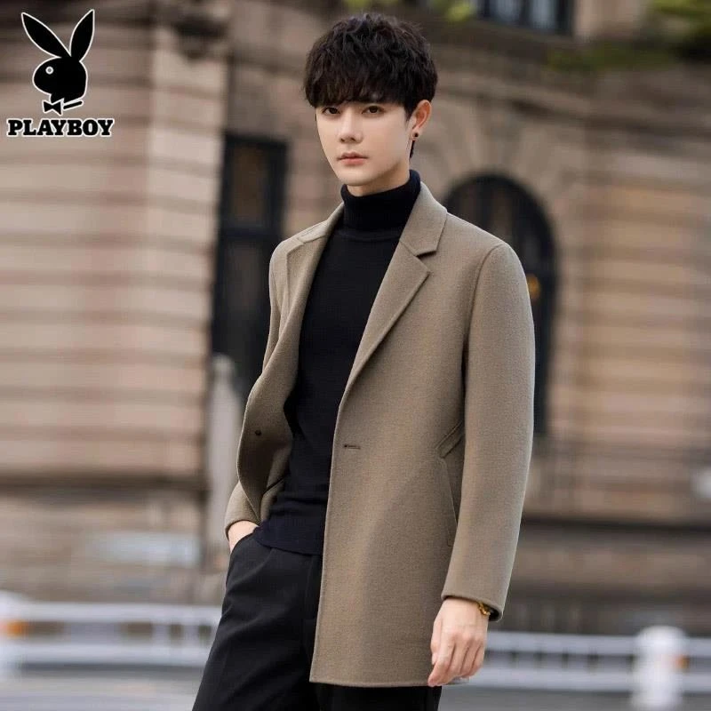 花花公子羊毛呢大衣男士秋冬季中长款休闲韩版新款纯色风衣外套男