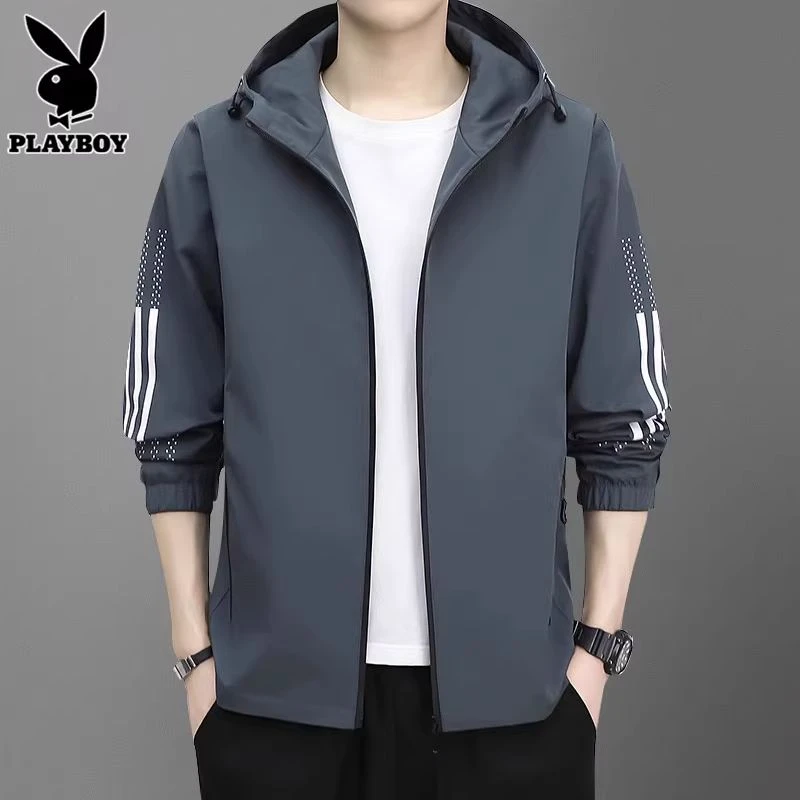 花花公子连帽夹克男士秋季潮流百搭宽松新款休闲纯色防风青年外套