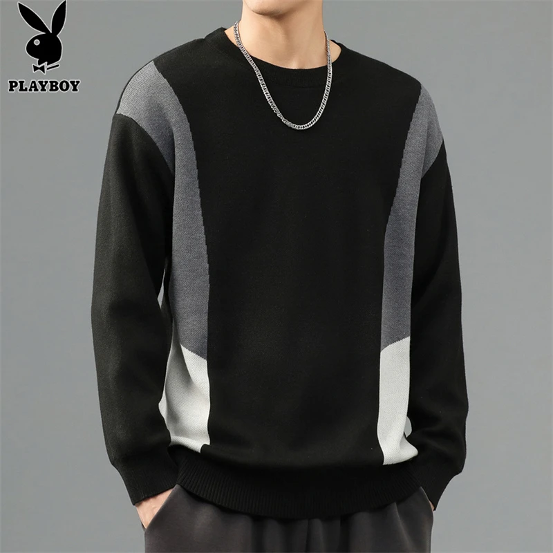 花花公子男士毛衣休闲秋冬季宽松圆领针织衫撞色潮流百搭保暖上衣