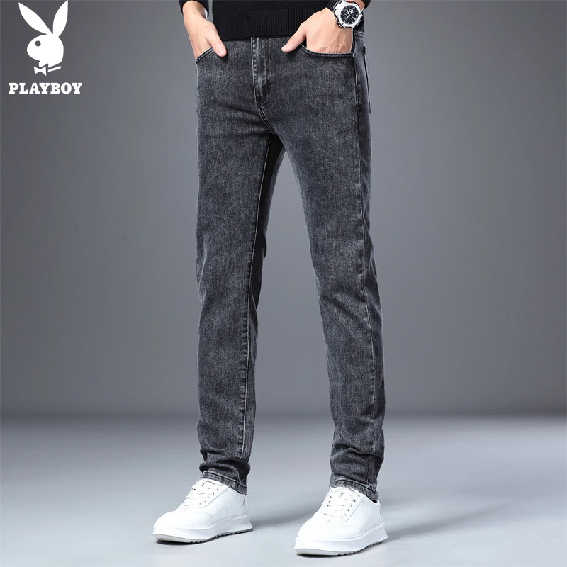 花花公子男士牛仔裤春秋季复古百搭潮流修身小脚厚款休闲长裤子男