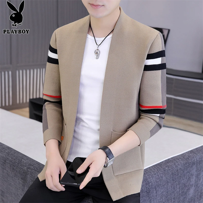 花花公子开衫毛衣男士休闲春秋季新款拼色百搭针织衫修身潮流上衣