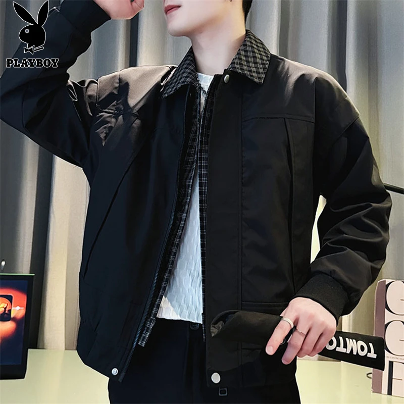 花花公子男士夹克假两件休闲百搭春秋季新款潮流宽松翻领防风外套