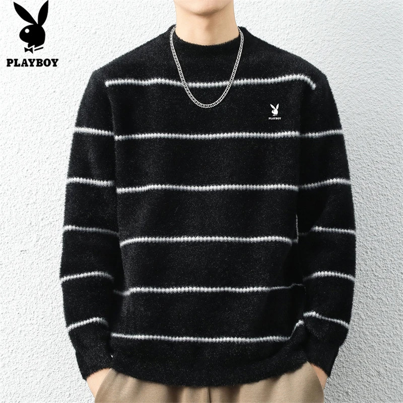 花花公子男士毛衣休闲新款秋冬季条纹针织衫圆领保暖潮流撞色上衣