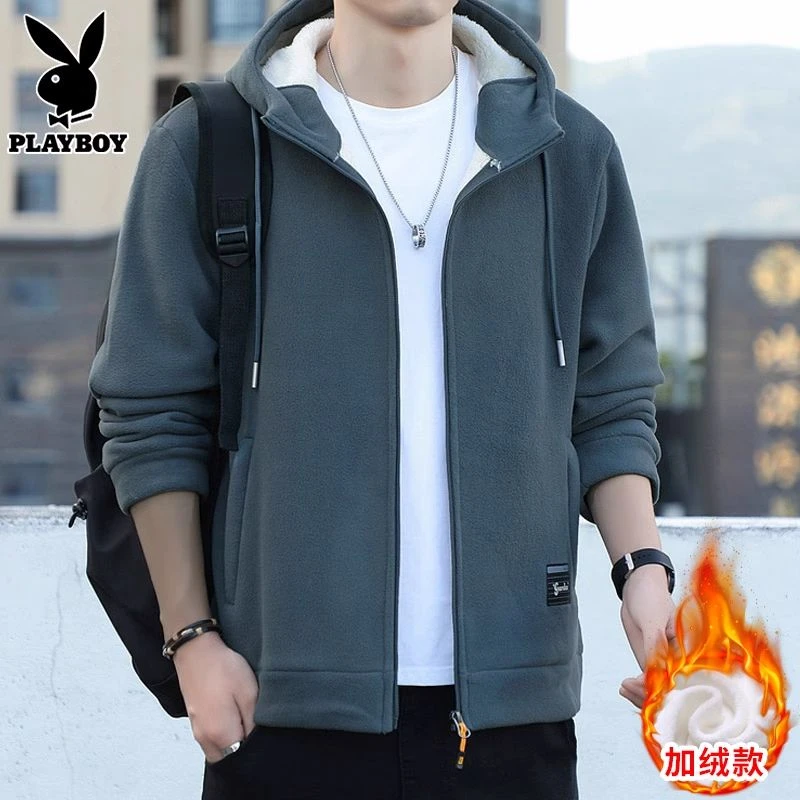 花花公子摇粒绒夹克男士加绒加厚外套宽松休闲上衣秋冬季新款保暖