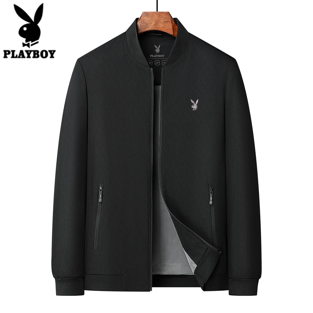 花花公子男士夹克春秋季宽松百搭新款商务休闲棒球领菱格纹外套男