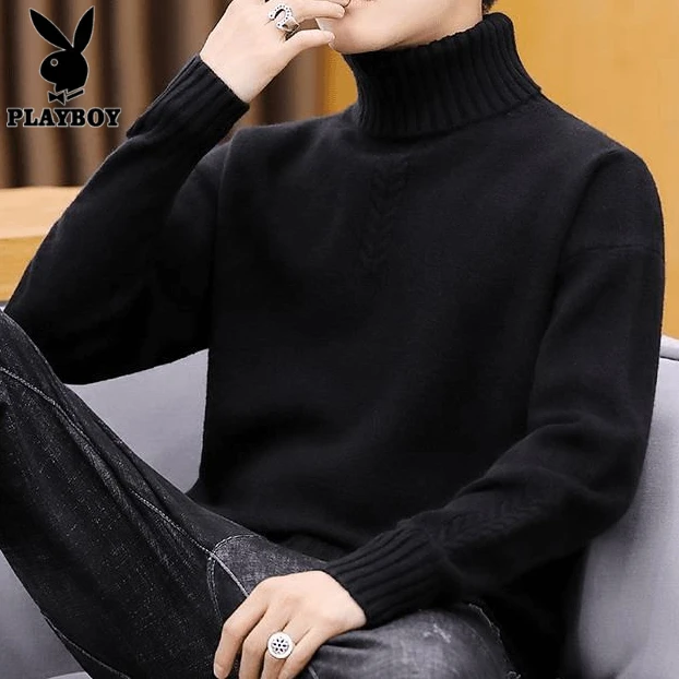 花花公子毛衣男士高领内搭打底衫秋冬季新款宽松潮流加绒针织衫男