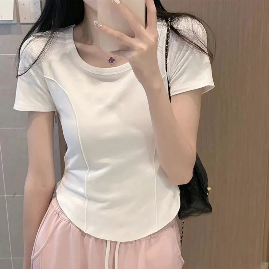 t恤女2023夏季设计感小众纯欲风甜辣妹性感u领短袖不规则短款上衣