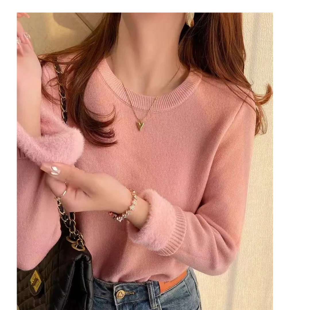 乐缘冬季新款韩版时尚舒适圆领长袖加绒针织上衣*1127