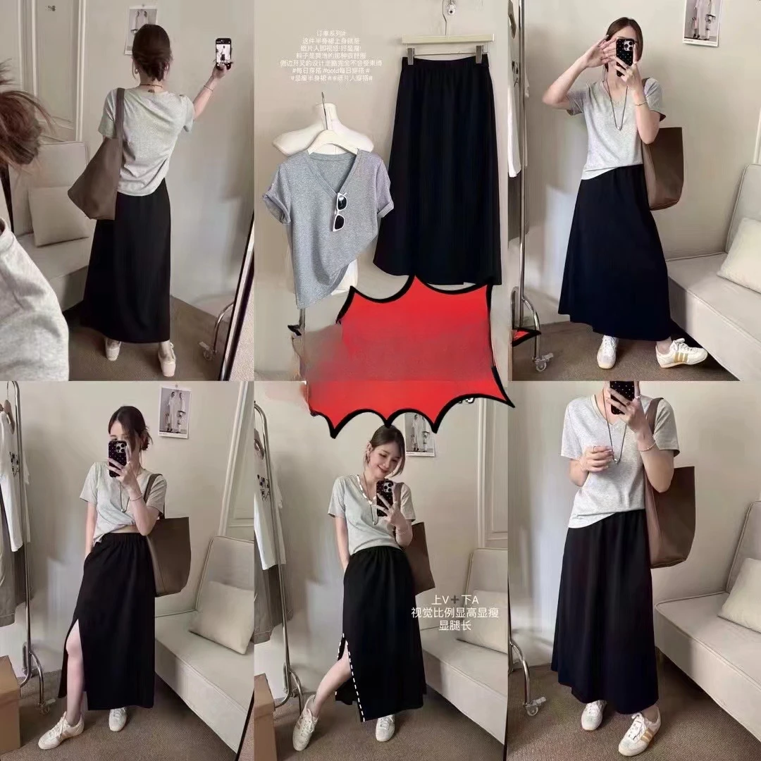 2乐缘初秋新款韩版时尚显瘦松紧腰侧边开叉半裙*0807