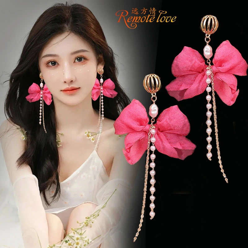 remote love/远方情 合金布艺耳饰 气质设计感粉花瓣耳环女E1229