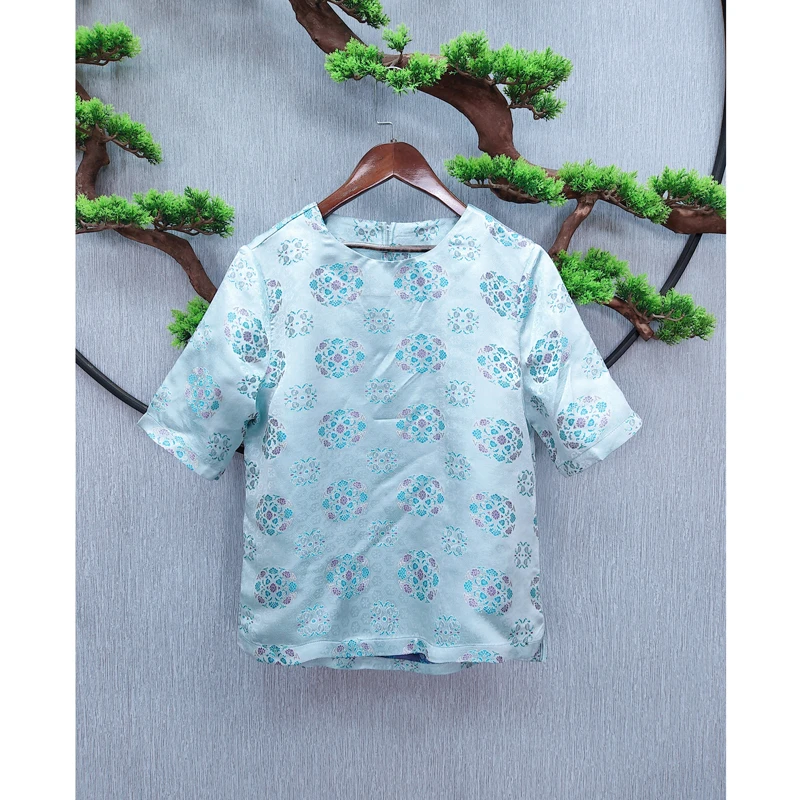 【千奈莉 团花】宋锦宽松半袖圆领上衣