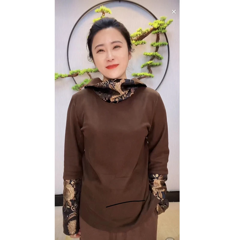 【千奈莉 】德绒宋锦拼接长袖女t恤打底双穿