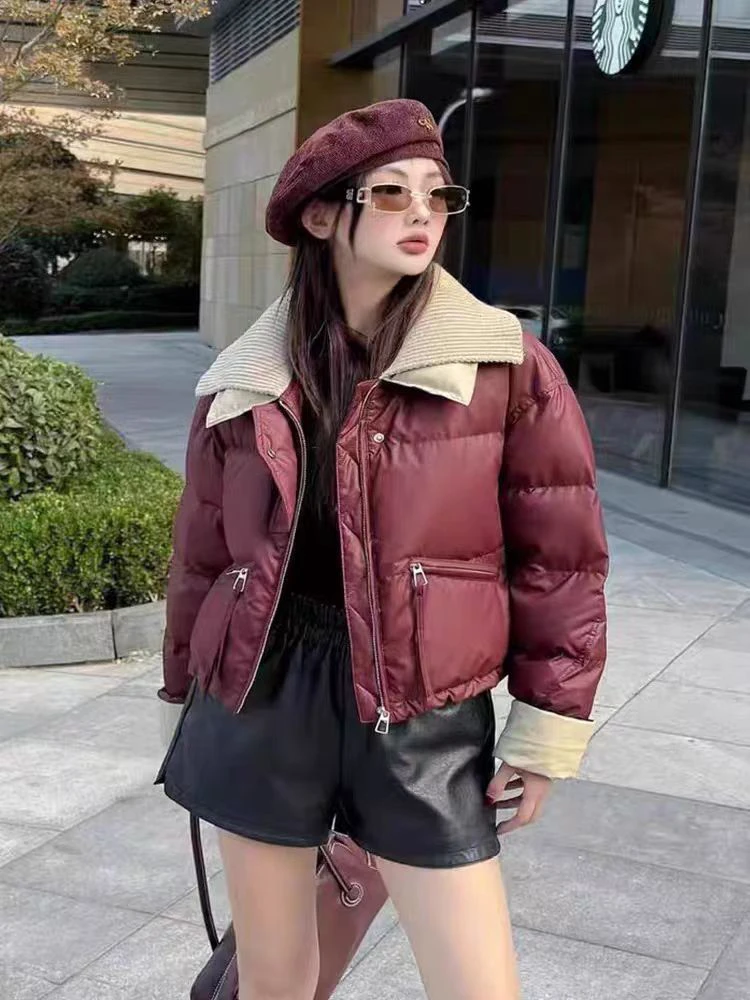 冬季新款短款棉服女针织翻领蛋白皮拼接