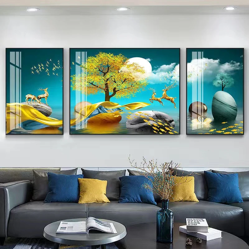 客厅装饰画现代简约沙发背景墙挂画大气晶瓷画三联画壁画轻奢墙画