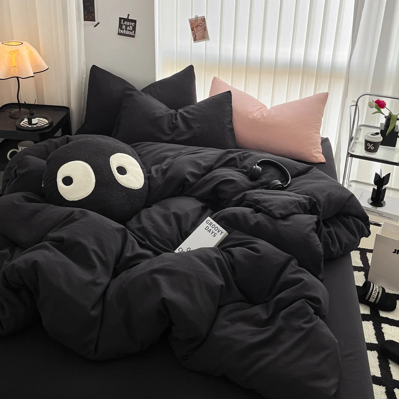 纯色水洗棉四件套床单款亲肤透气三件套件宿舍单双人被套四季通用