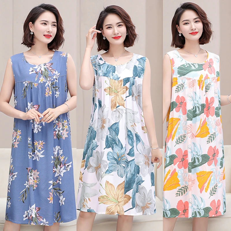 夏装棉绸妈妈装连衣裙夏季薄款宽松大码圆领透气家居服中长款睡裙