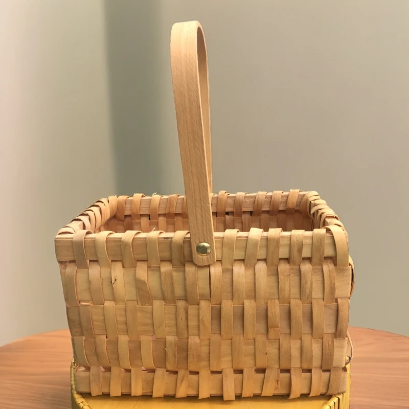 手提花篮手编可折叠提手木制家用田园风手工编织篮储物日式买菜