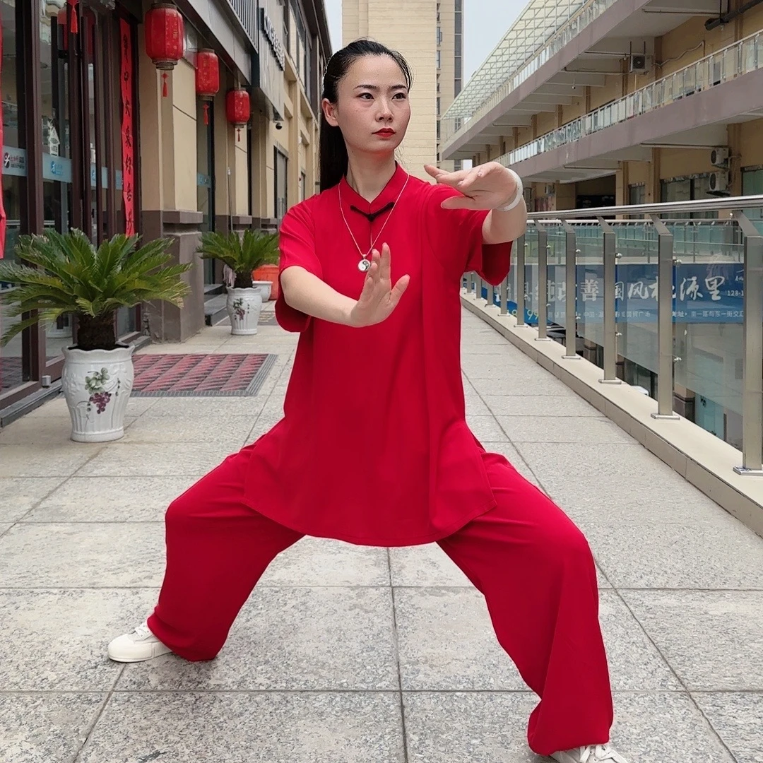 大拳师单面丝中国红色精致太极服套头水滴领上衣+裤子