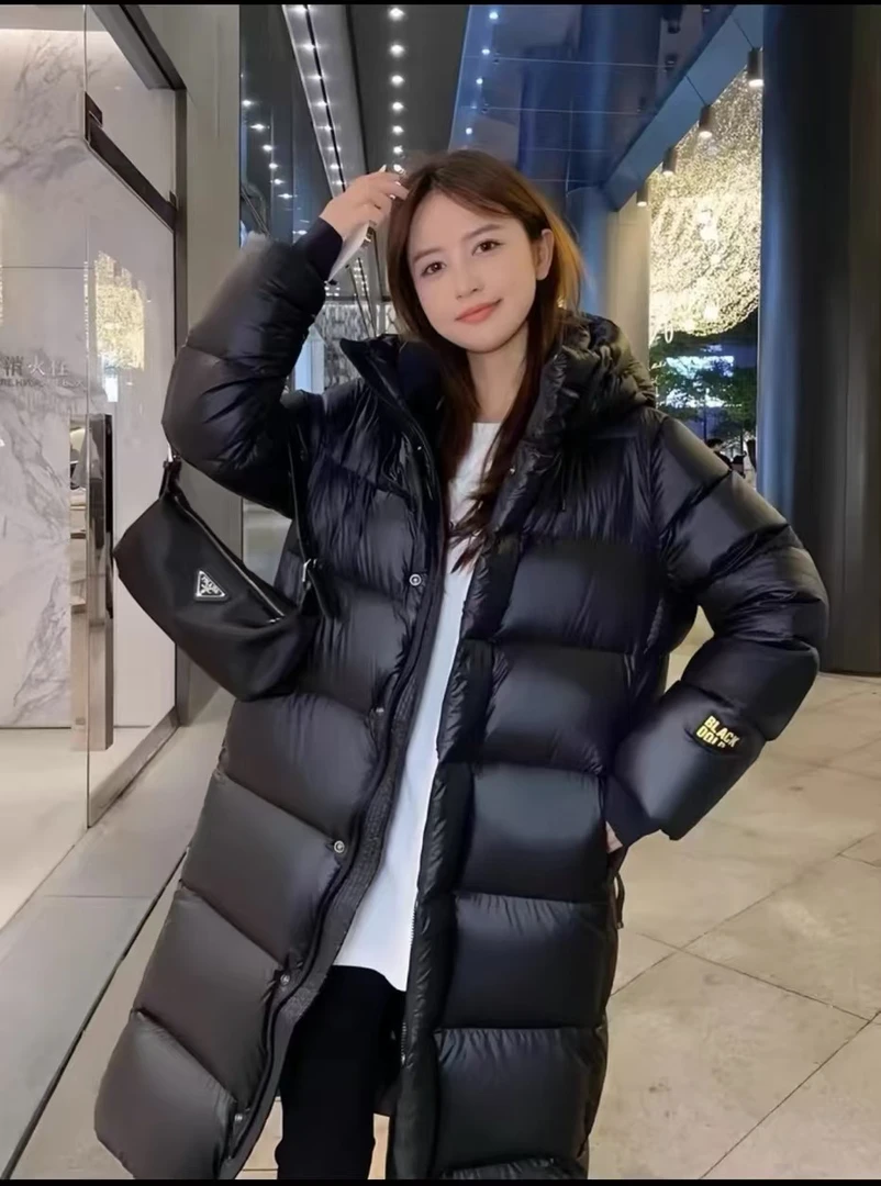 （鹅绒） 长款加厚男女同款连帽黑色气质保暖羽绒服