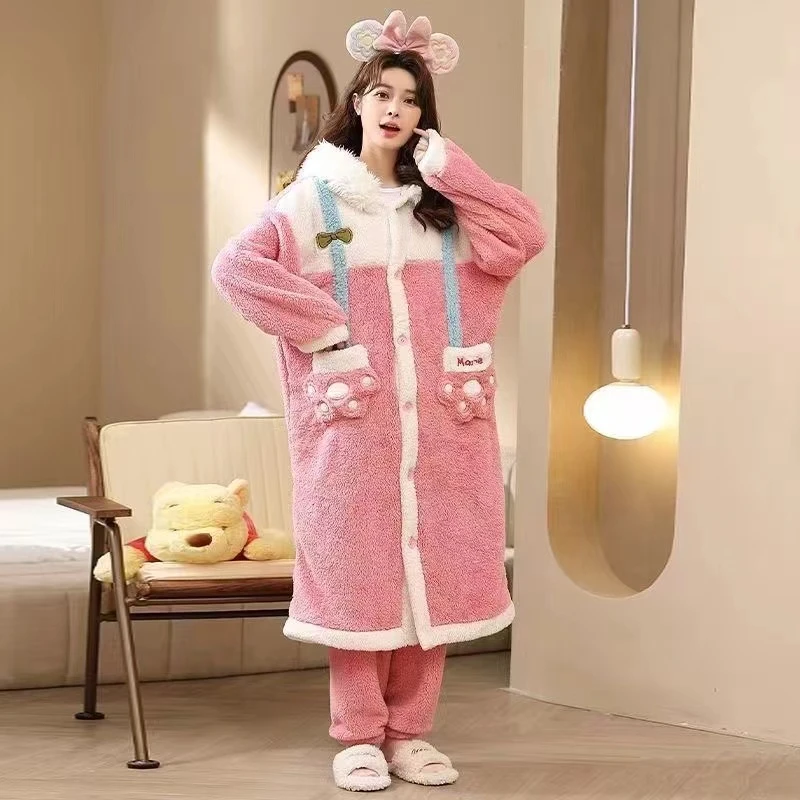 秋冬季舒棉绒卡通玛丽猫可爱甜美连帽加绒加厚外穿家居服套装