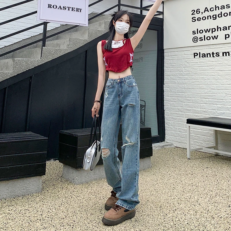 窄版破洞高腰直筒牛仔裤女夏天显瘦新宽松复古小个子阔腿裤子拖地