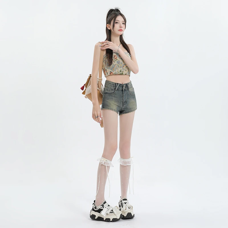 美式复古牛仔超短裤女夏季新款百搭显瘦高腰包臀辣妹性感a字热裤