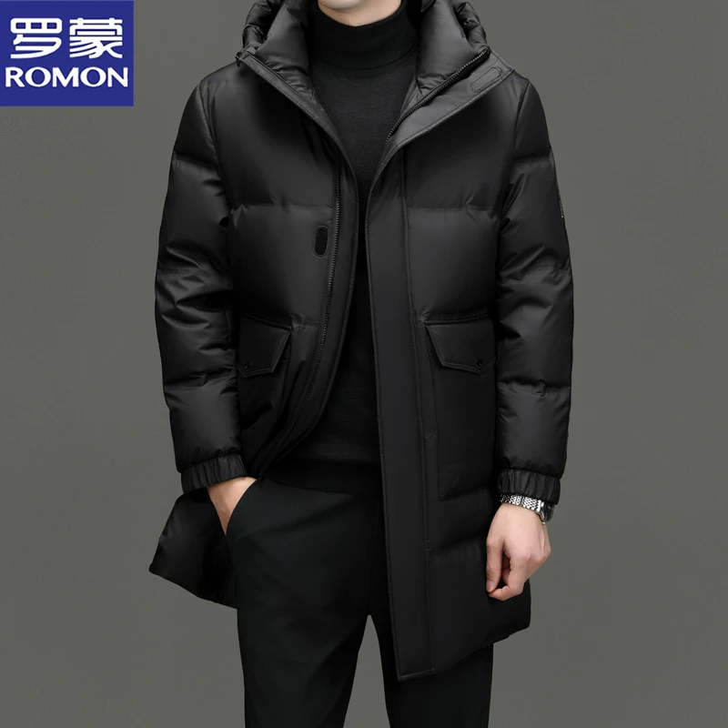 罗蒙男士长款羽绒服冬季过膝防风保暖连帽休闲潮流商务中青年外套