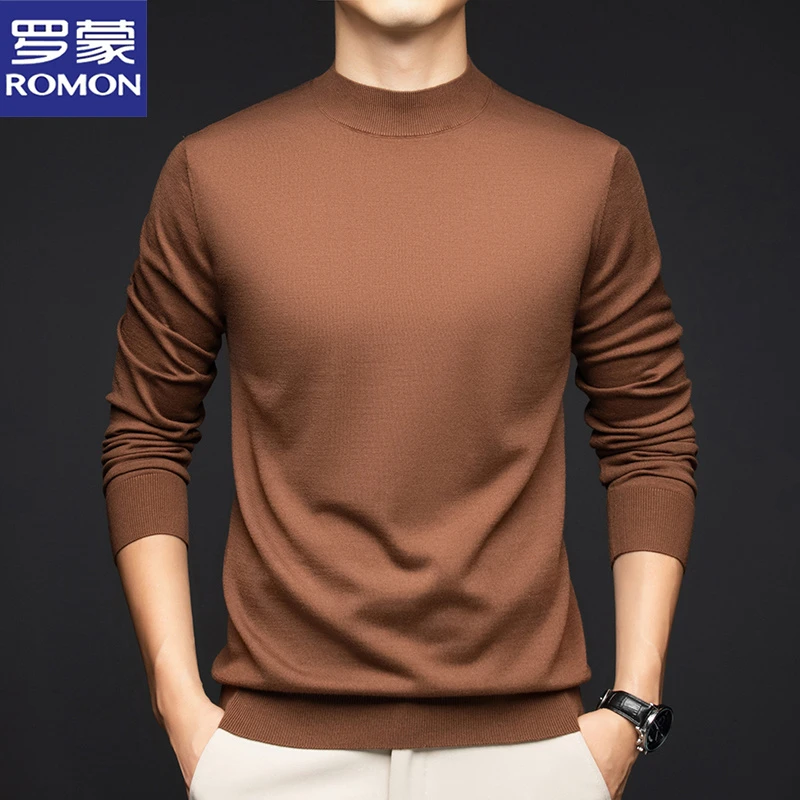 罗蒙含桑蚕丝绵羊毛秋冬季男士新款休闲半高领毛衣加厚打底针织衫