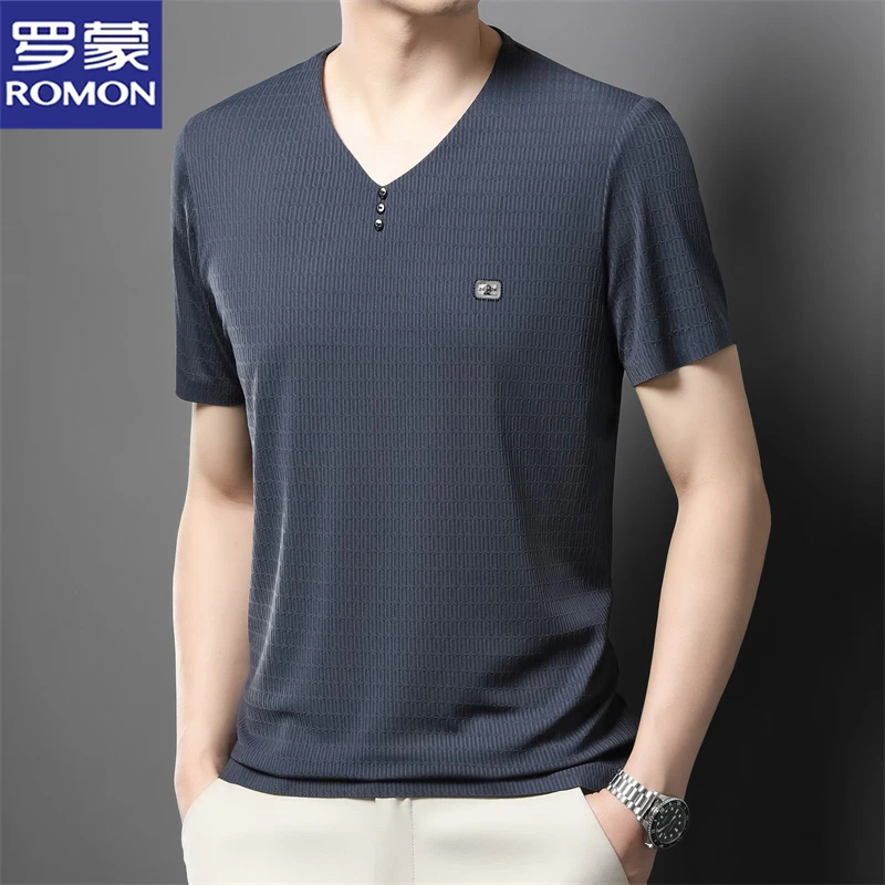 罗蒙夏季薄款透气速干V领时尚短袖T恤休闲男半袖纯色鸡心领打底衫