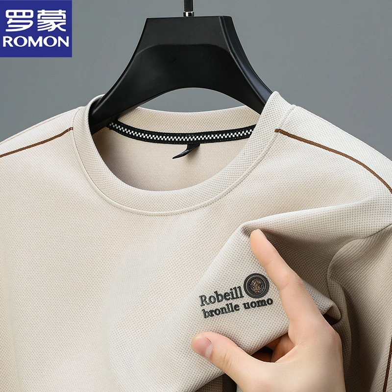 罗蒙春秋季圆领男士卫衣华夫格内搭打底时尚中青年印花潮流套头衫