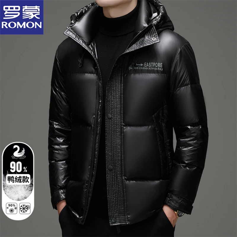 罗蒙90白鸭绒保暖厚款羽绒服男士冬季亮面免洗加厚极寒连帽外套男