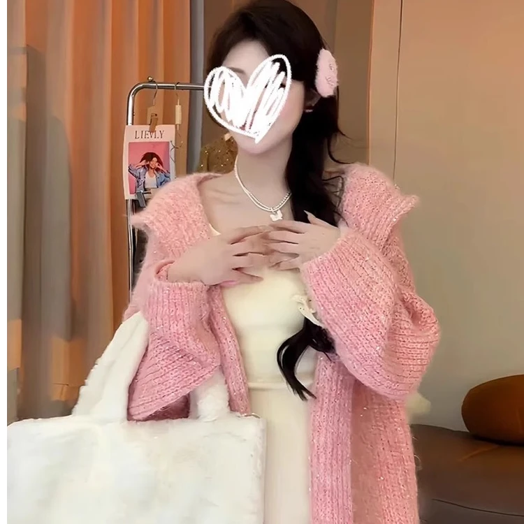 慵懒风小清新粉色外套女2024秋冬新款连帽针织衫毛衣韩版宽松外套