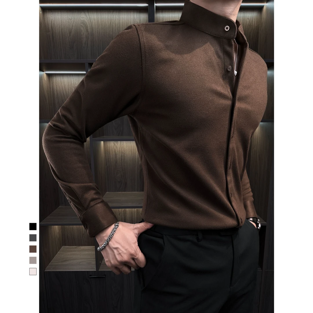 立领磨毛加绒男士衬衫秋冬新款轻奢痞帅男装休闲毛呢衬衣男款长袖