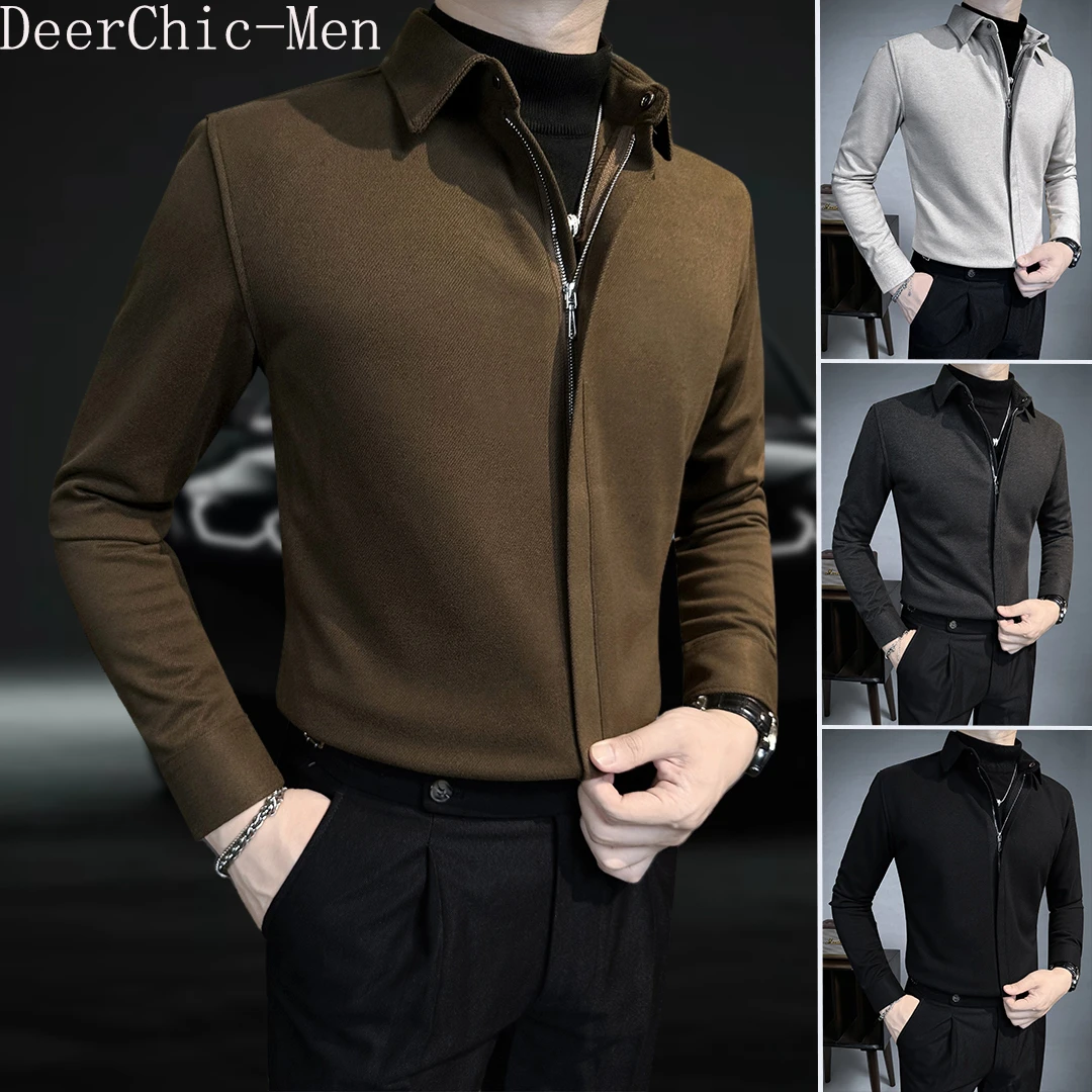 假两件御寒衬衫长袖男士上衣秋冬款新款休闲毛呢拉链保暖衬衫男