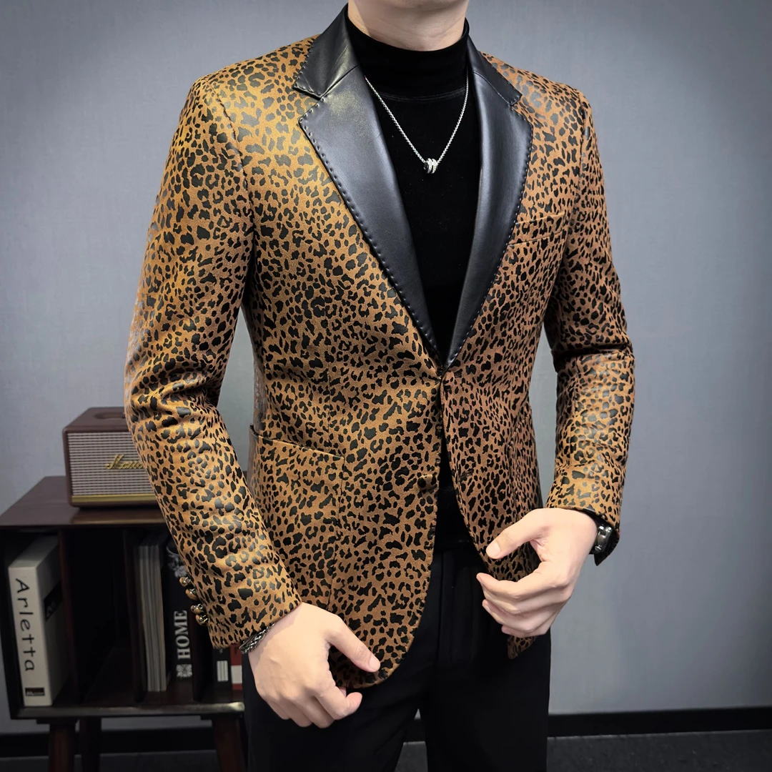 拼皮领豹纹西装外套男款新款秋冬男装潮流时尚男士休闲小西服单件