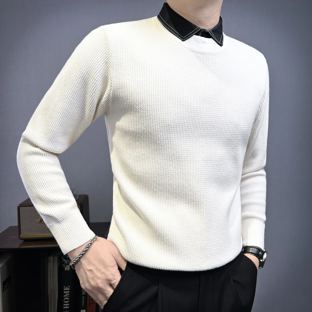 衬衫领假两件打底衫男款针织衫痞帅高级感新款男式秋冬装男士毛衣