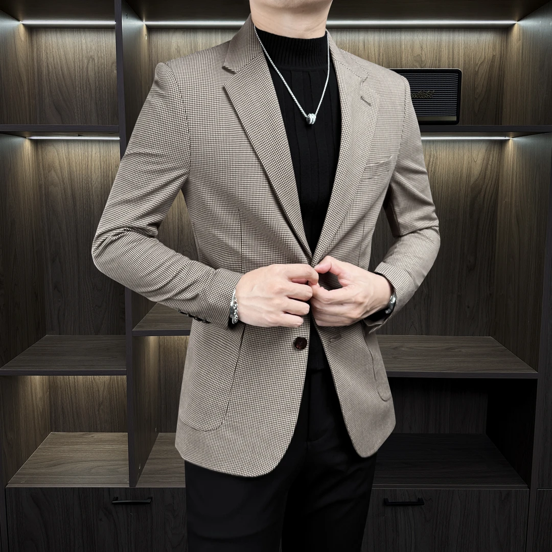 千鸟格小西装秋季高级感男装新款轻熟风格子西装男士西装外套