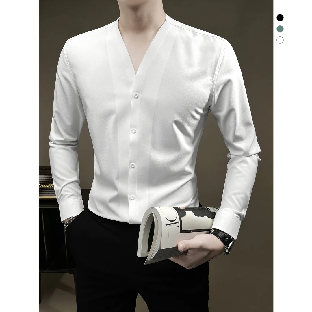 中式无领衬衫男款长袖秋季新款轻奢痞帅男装V领国风衬衫男士上衣