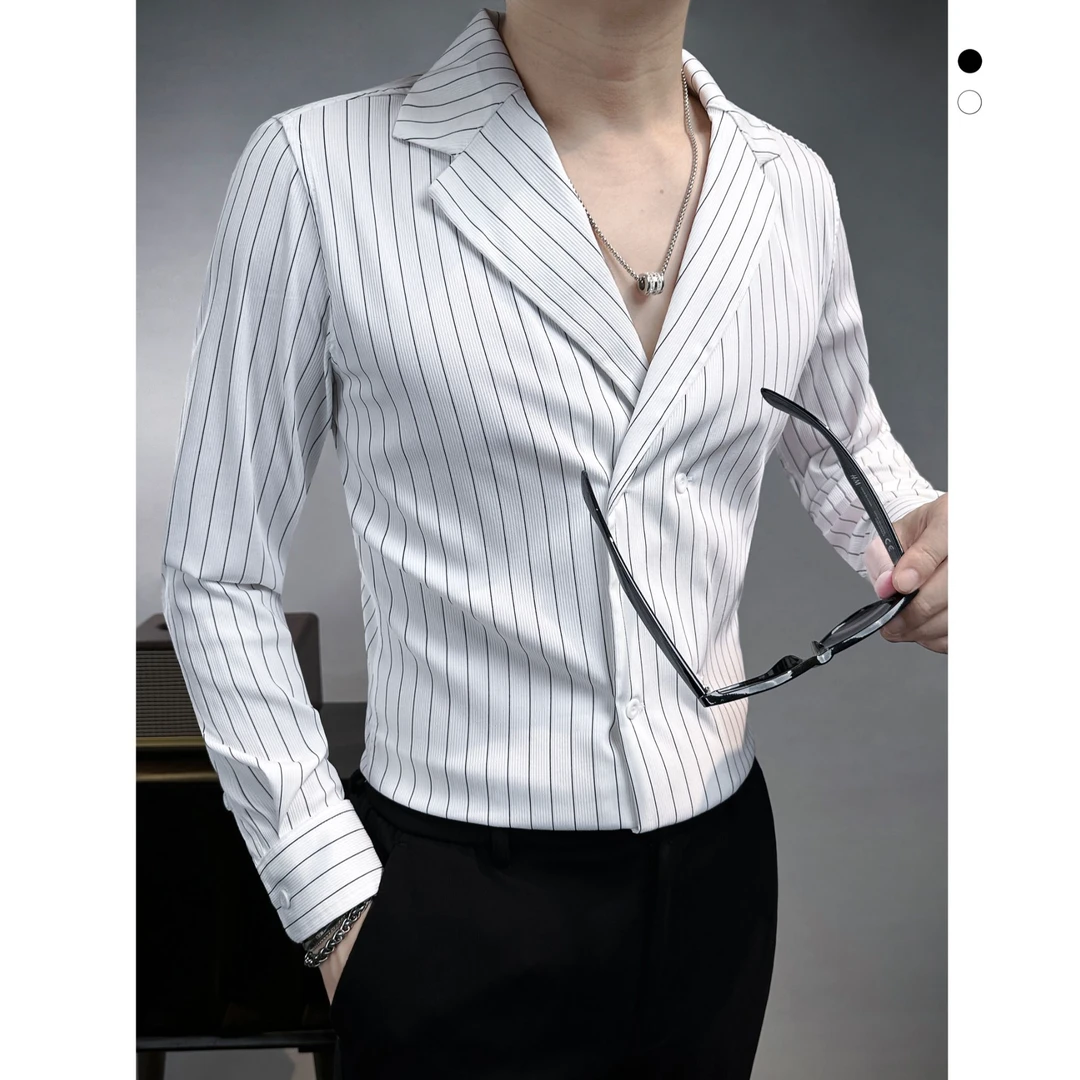 古巴领长袖衬衫男款爆款2024新款休闲秋季性感竖条纹男士衬衣外套