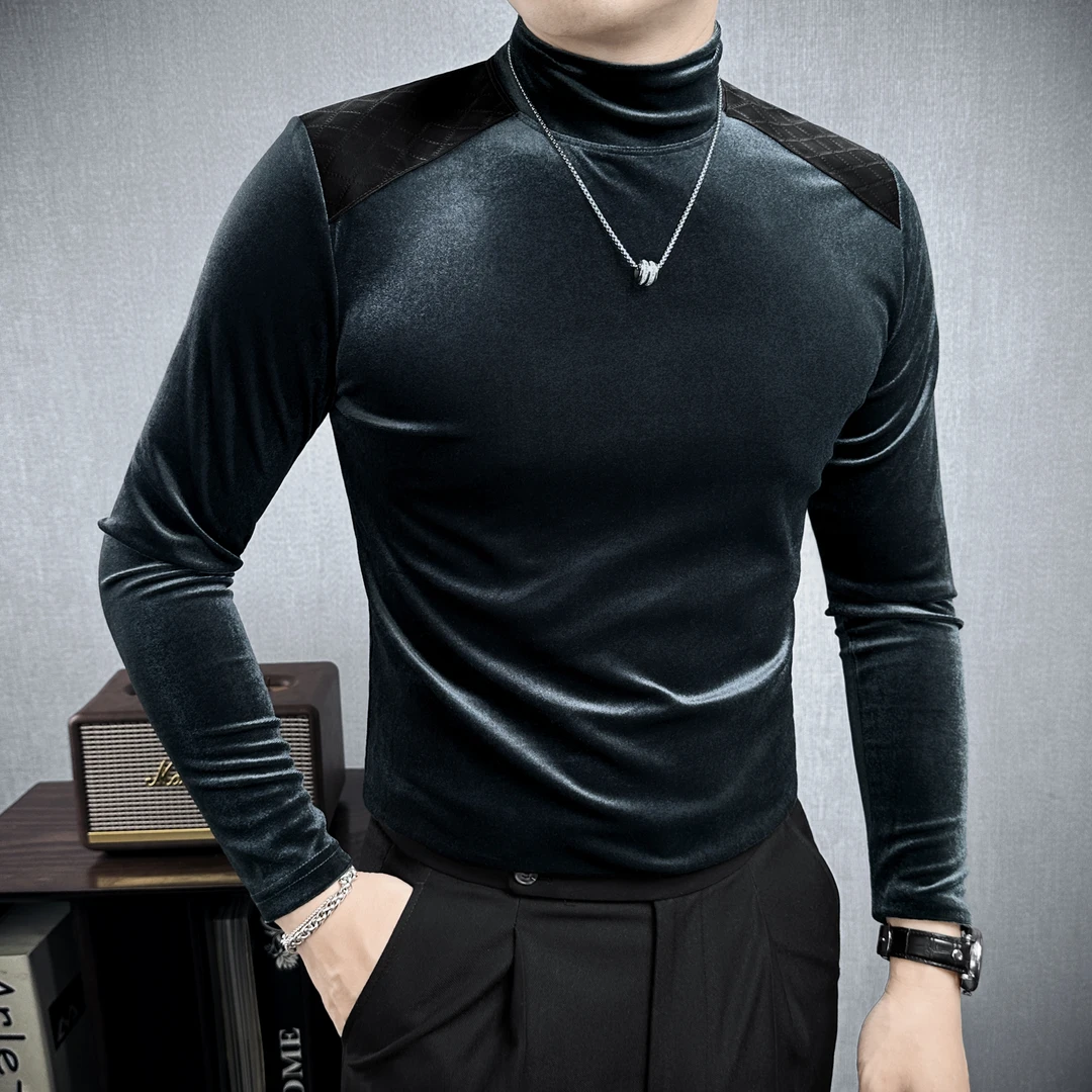 金丝绒内搭打底衫男休闲上衣秋冬款新款纯色肩章皮料男士长袖t恤