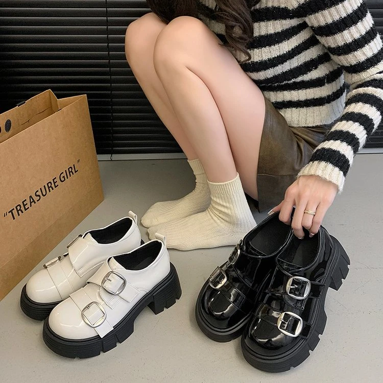 松糕厚底乐福鞋女2024新款秋季一脚蹬黑色英伦风小个子增高小皮鞋