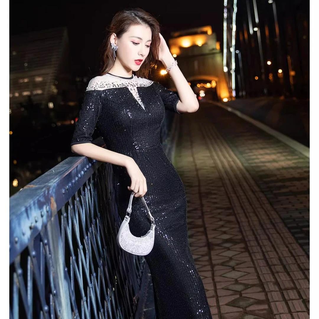 新款晚礼服女长款鱼尾亮片修身聚会宴会生日主持演出亮片修身显瘦